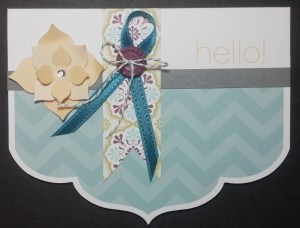 Happy Hello Simply Sent Card Kit-Sale-A-Bration Catalog (130149),  Island Indigo Ribbon & Rich Razzleberry Button from Sycamore Street Ribbon & Button Pack in Sale-A-Bration Catalog (130812), Sycamore Street Designer Series Paper Sale-A-Bration Catalog (127540)