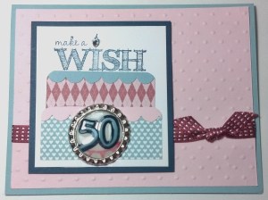 I made this card for my friend Michele's 50th Birthday! Make a Wish Stamp Set from Spring Catalog (129222), Soda Pop Tops Spring Catalog (129388), Pink Pirouette Card Stock (111351)