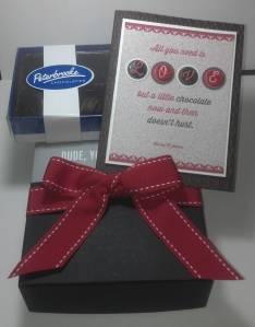 This is the present I gave my husband for Valentine's Day, a box of chocolates and the "Dude Your Welcome" card building set.