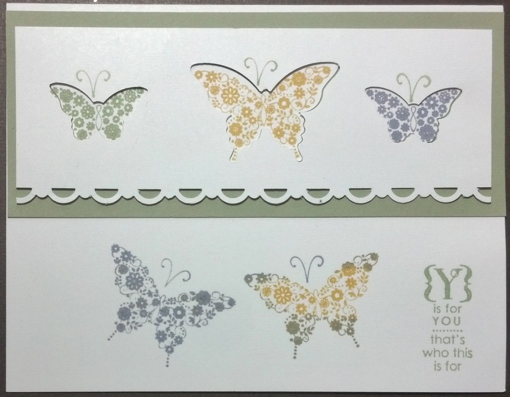 Here's another version of the card. I used the following punches Bitty Butterfly (129406) and Elegant Butterfly (127526). Stamp sets: Papillon Potpourri and Occasions Alphabet (123598) which I love! It has an occasion for every letter.